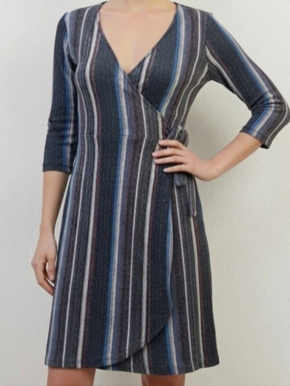 Emma & Michele Navy and Gray Striped Wrap Dress